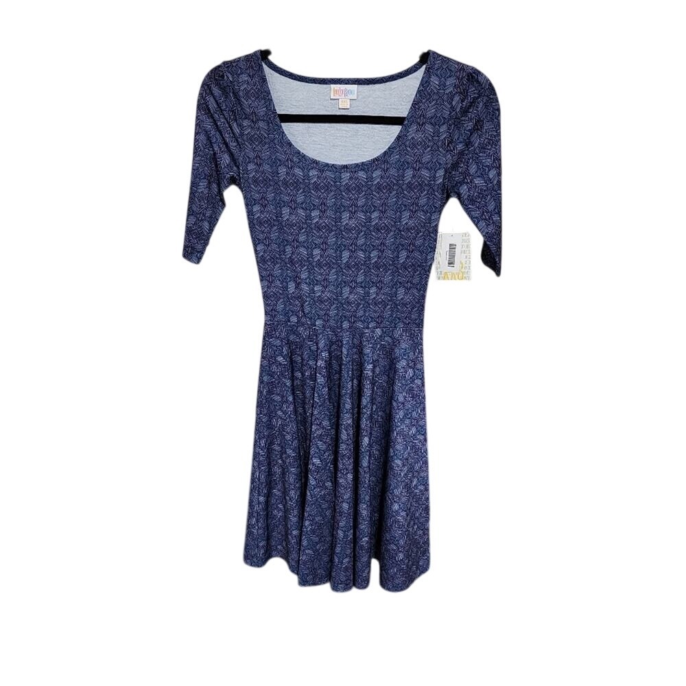LuLaRoe‎ Nicole Dress XXS Blue Purple Geometric Diamond Fit Flare Elbow Sleeve